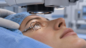 Person unter einem Augenlasergerät; ein Lidhalter hält das behandelte Auge geöffnet.