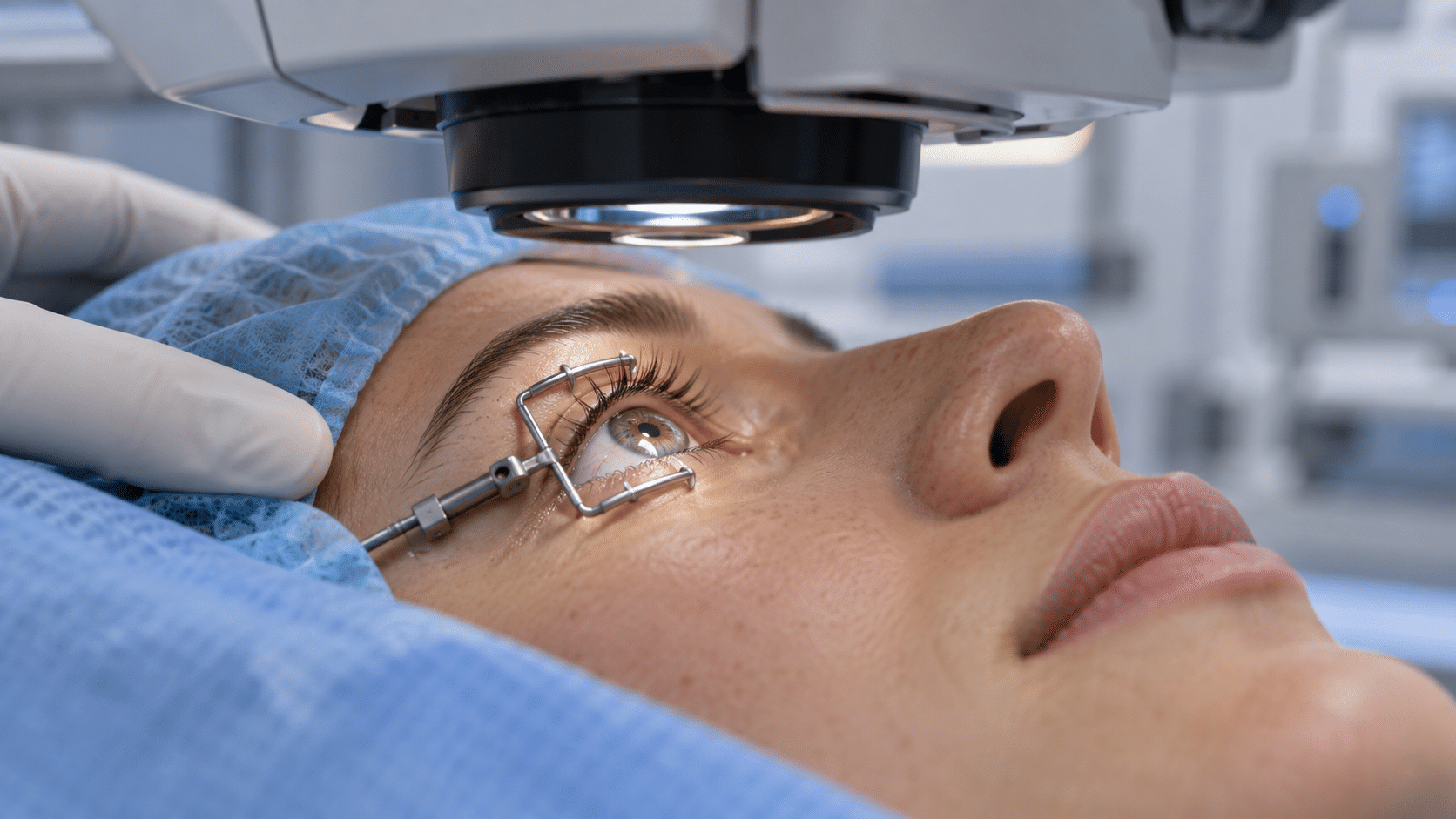Person unter einem Augenlasergerät; ein Lidhalter hält das behandelte Auge geöffnet.